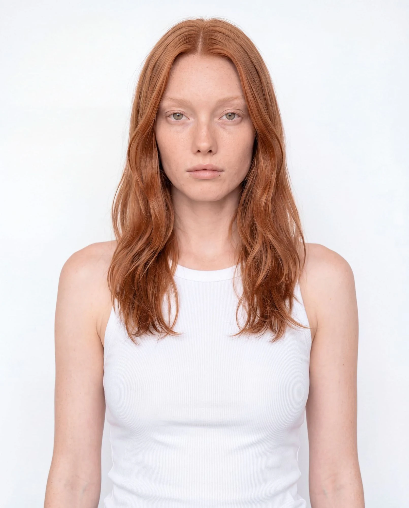 Virtual model, woman with long copper-red hair and freckles, in a white tank top