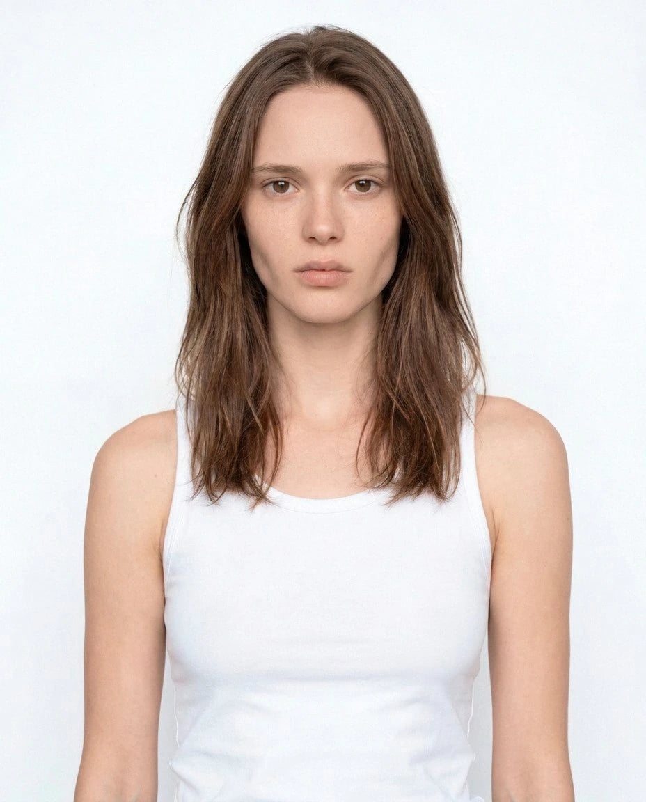 Virtual model, woman with shoulder-length light-brown hair, in a white tank top
