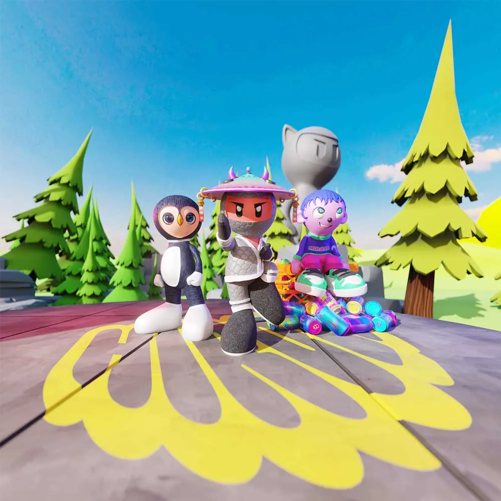 Three Hirozz characters, a penguin, a masked warrior and a purple-haired kid, standing on a wooden deck among stylised pine trees
