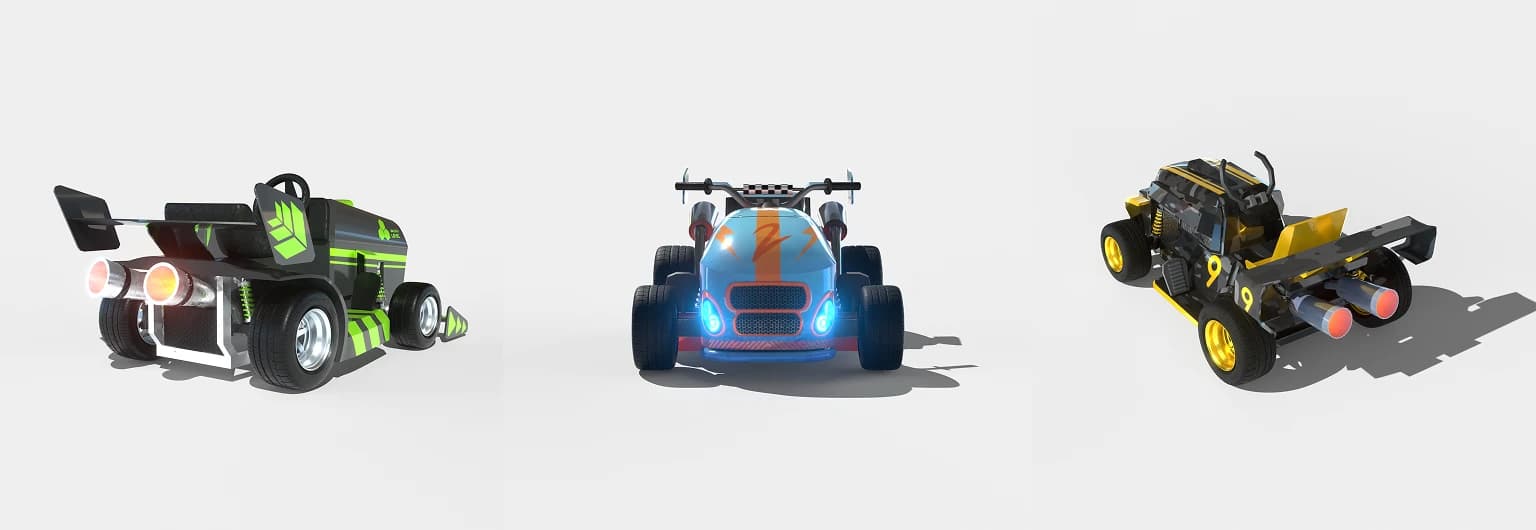 Trois tondeuses de course en 3D : verte et noire, bleue numéro 27, noire et or numéro 9
