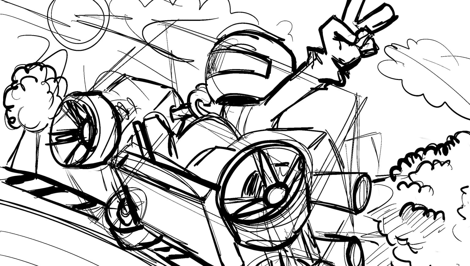 Croquis au crayon d’un pilote sur une tondeuse de course, le poing levé