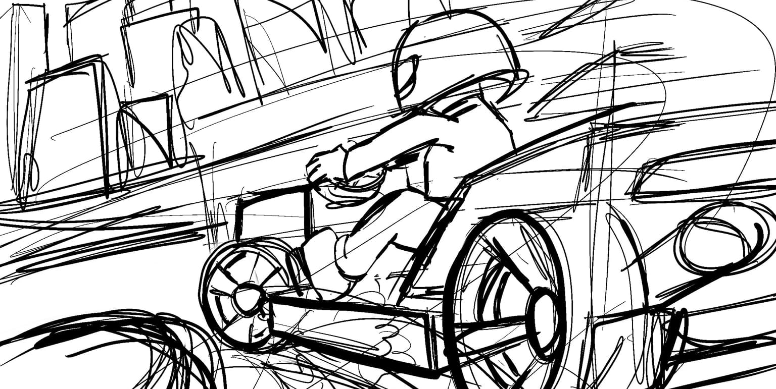 Pencil sketch of a rider leaning into a turn on a mower