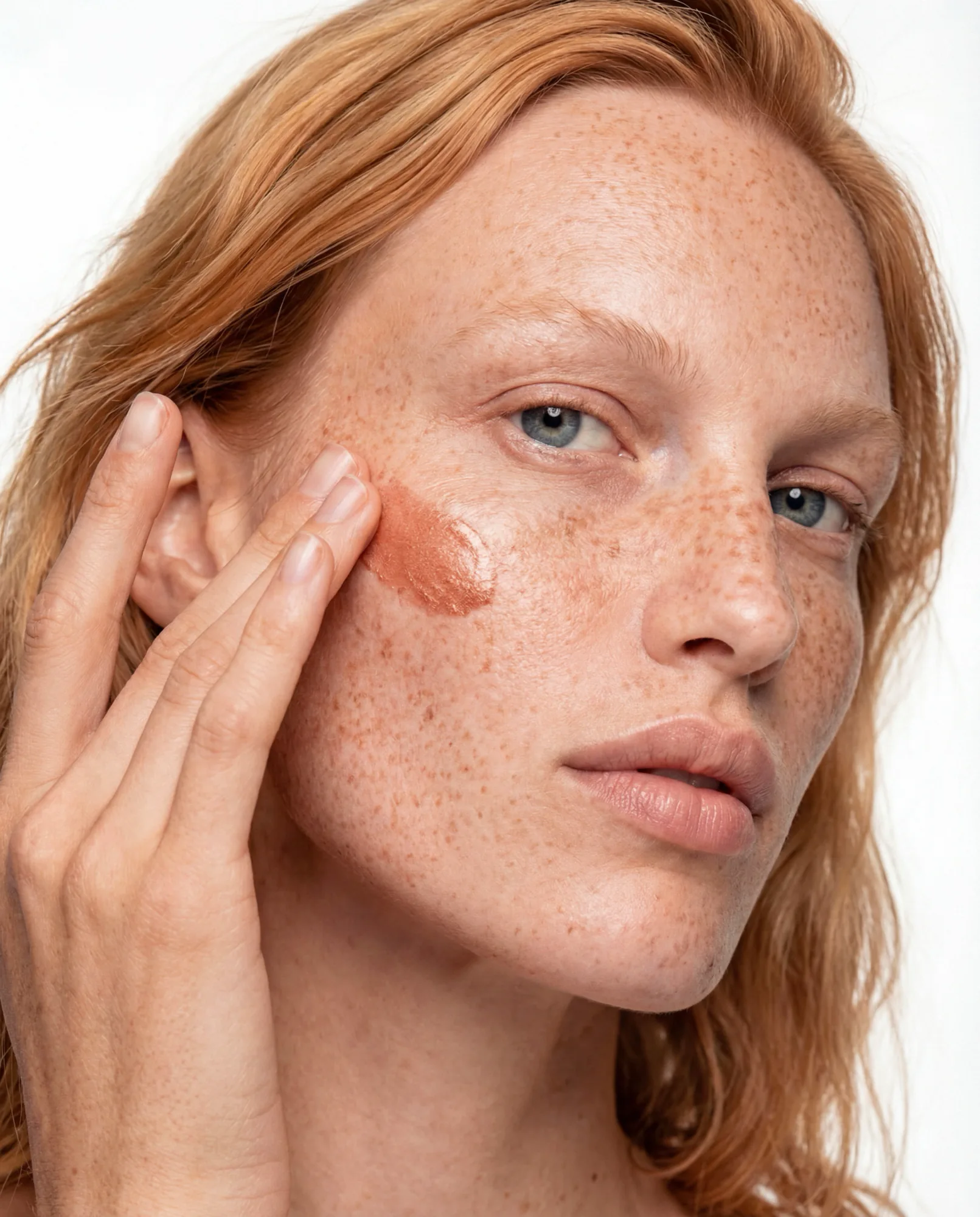 Model with red hair and freckles applying a cream to her cheek