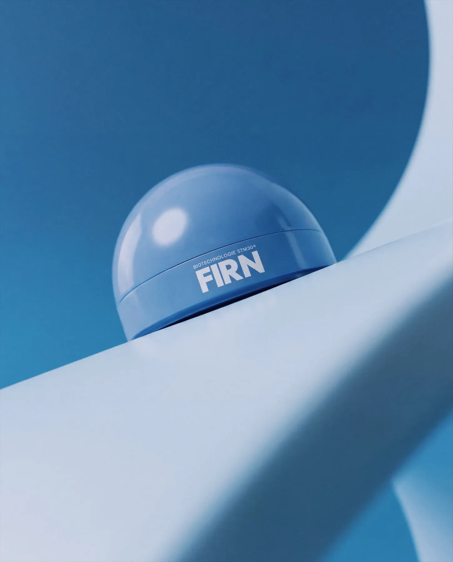 Blue Firn skincare jar on a curved pale blue surface