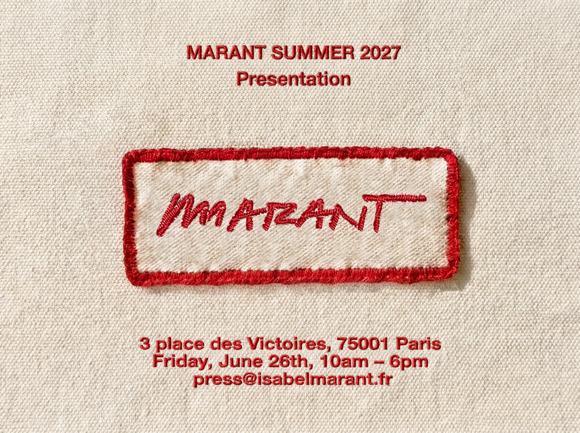 Marant Summer 2027 presentation invitation with the logo embroidered in red on linen