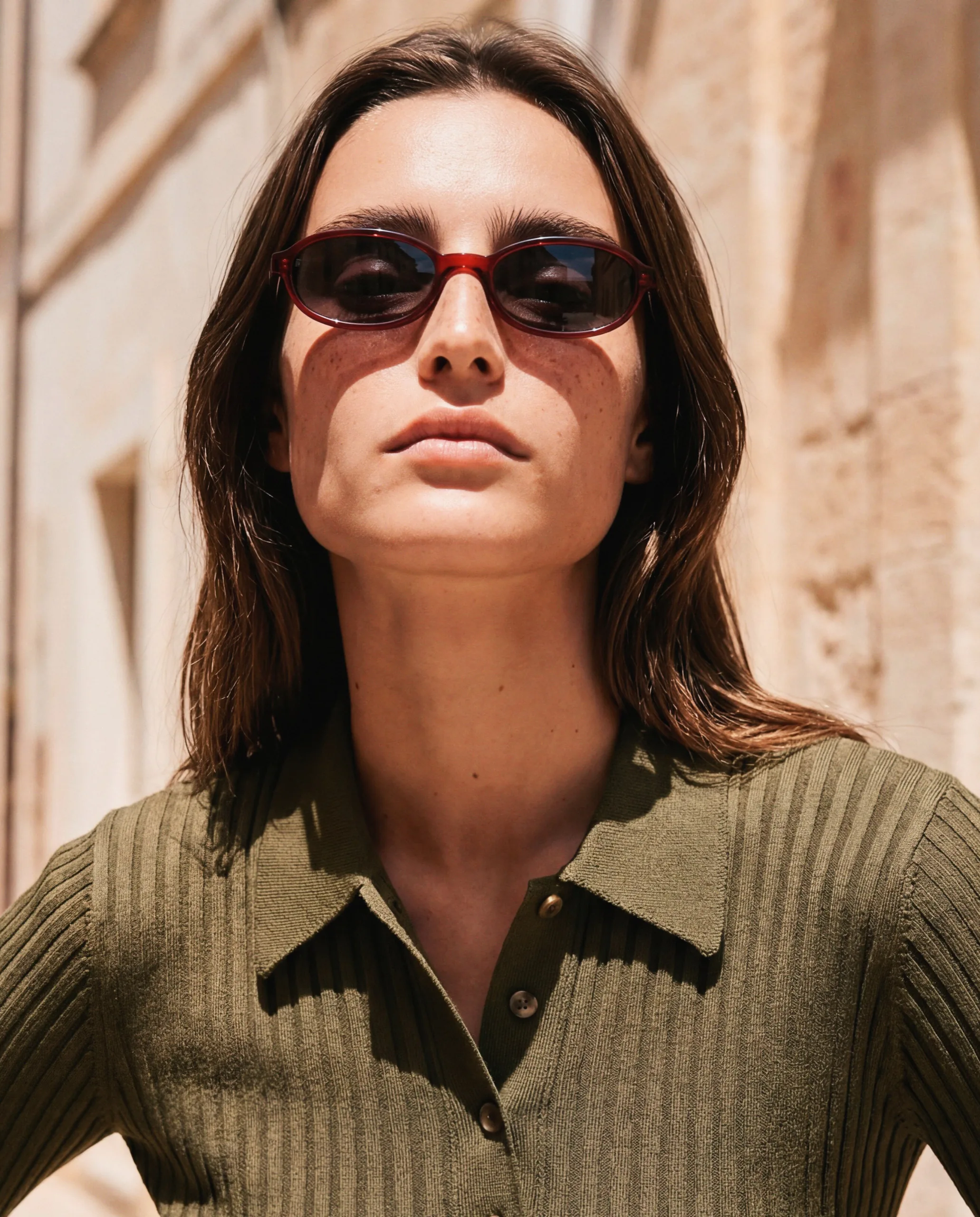 Mannequin en lunettes de soleil foncées et polo en maille olive devant un mur de pierre ensoleillé
