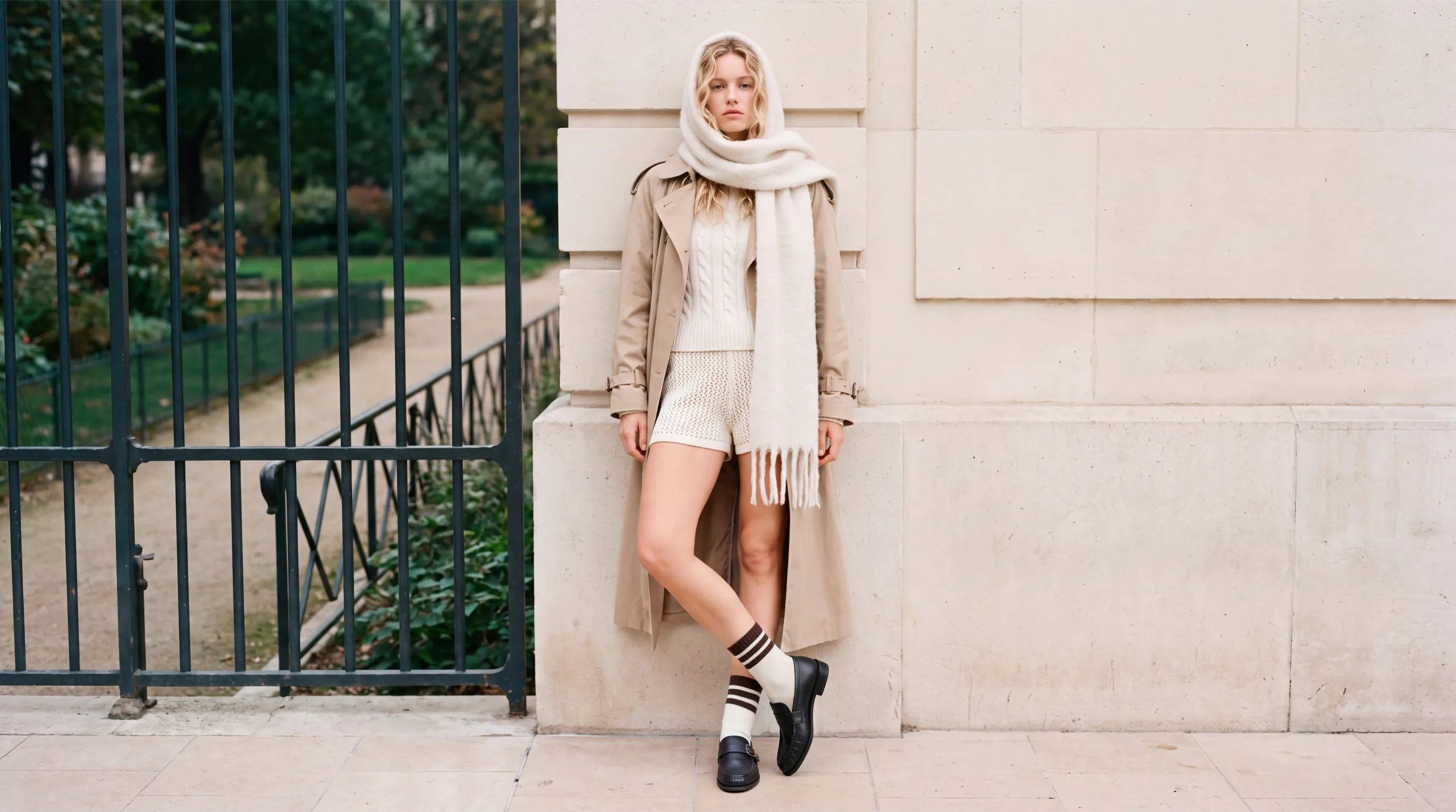 Model in a cream outfit and black shoes leaning against a stone wall by a Paris garden gate