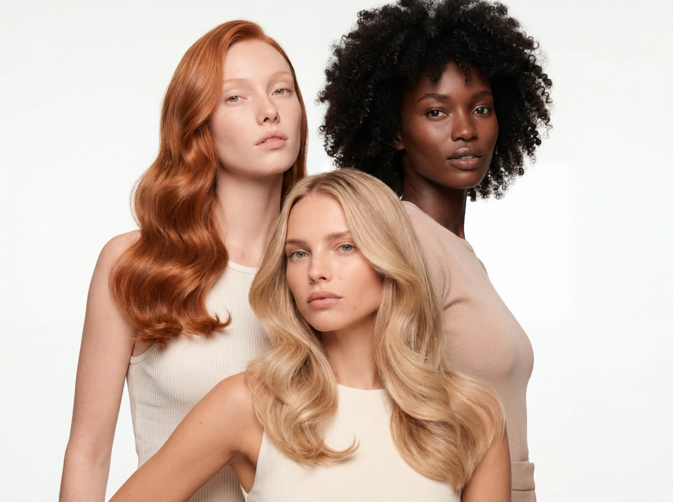 Three models with long copper, blonde and curly black hair, in neutral tops