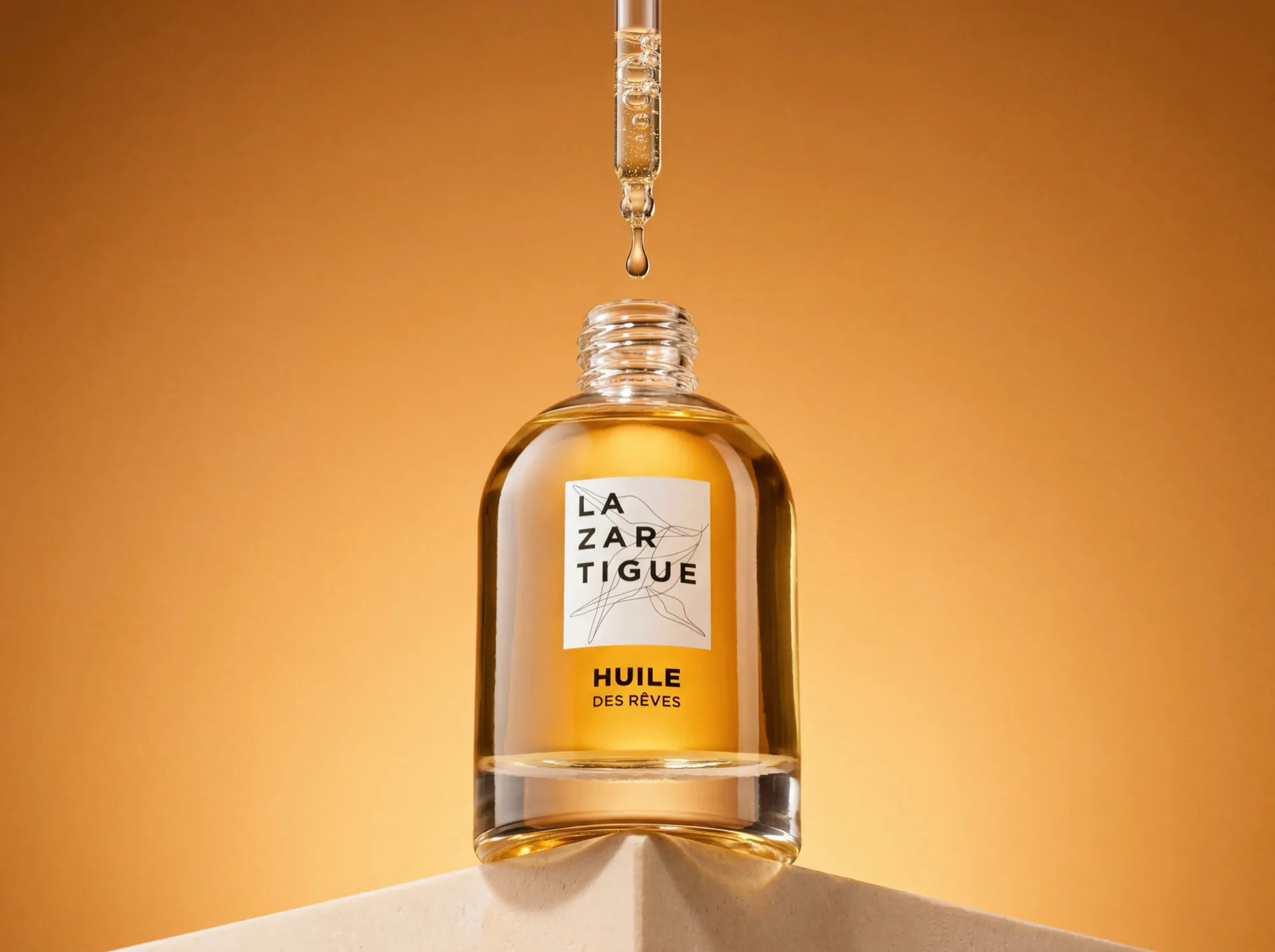 Lazartigue hair oil bottle with a dropper on an amber background