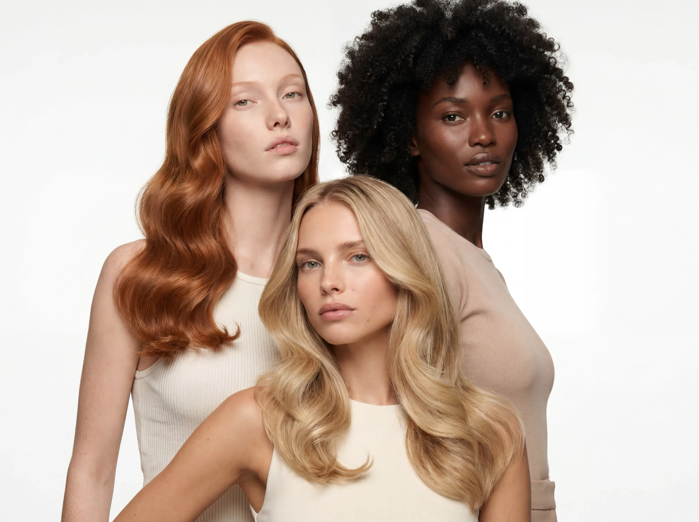 Three models with long copper, blonde and curly black hair, in neutral tops