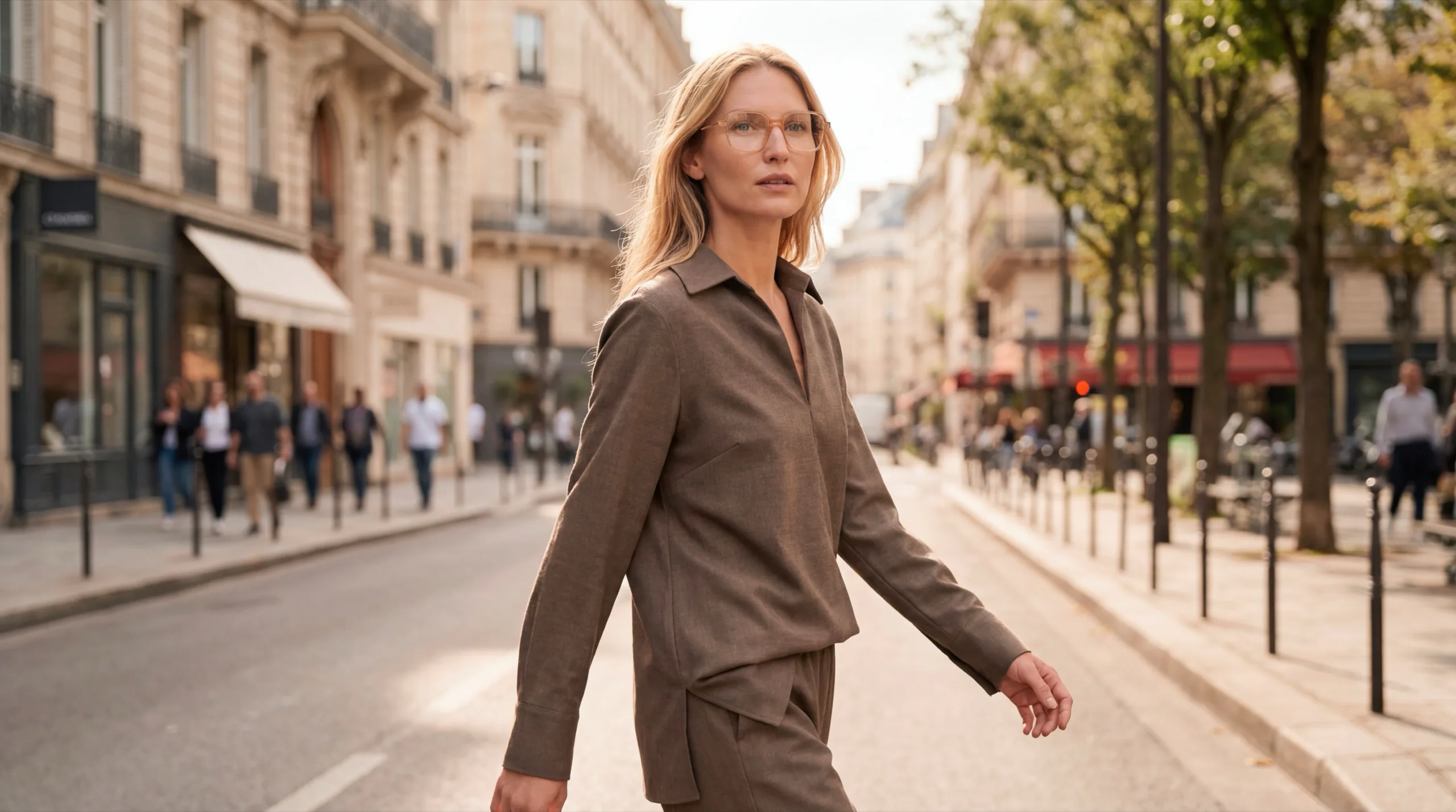 Woman in a brown suit and sunglasses walking down a sunny Paris street