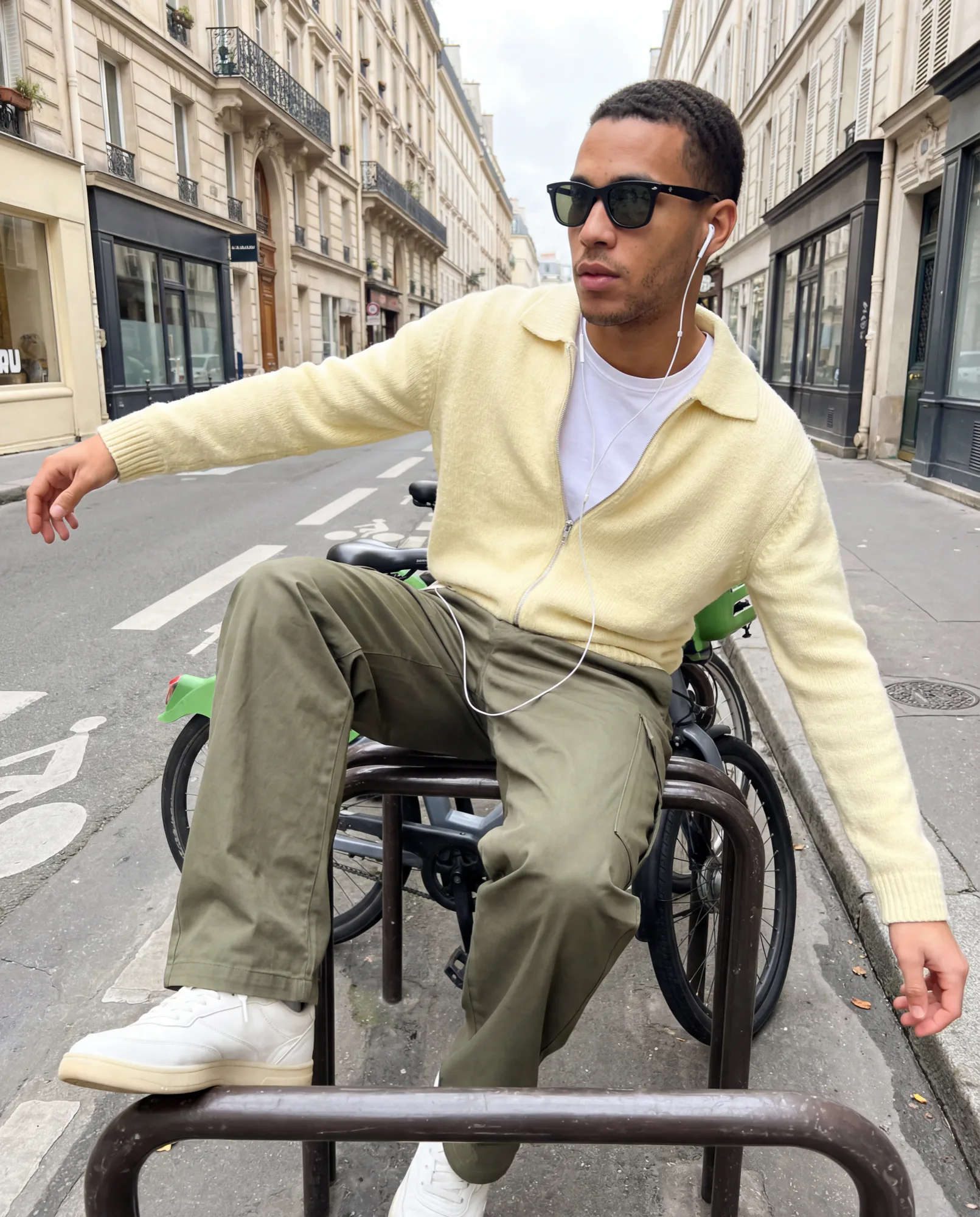 Man in sunglasses and a yellow cardigan in a wheelchair on a Paris street, UGC style