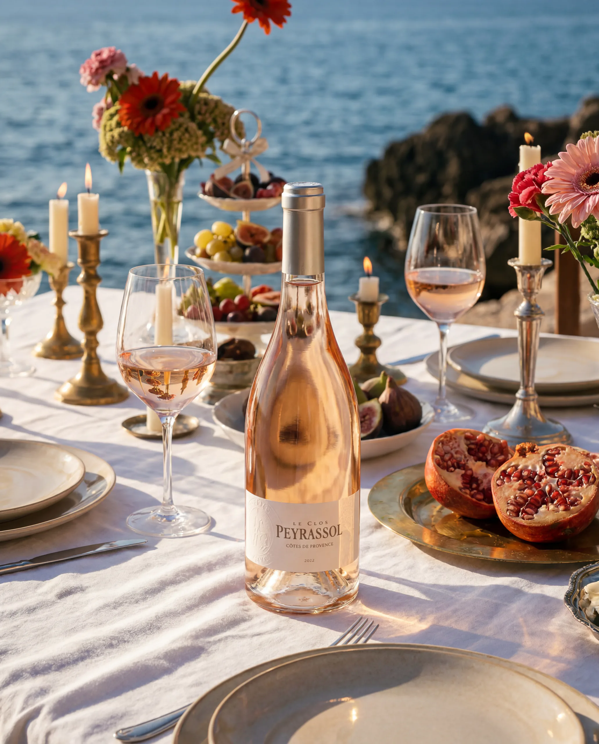 Bouteille de rosé Peyrassol sur une table d’été au bord de la mer, avec des verres, des fleurs et des bougies