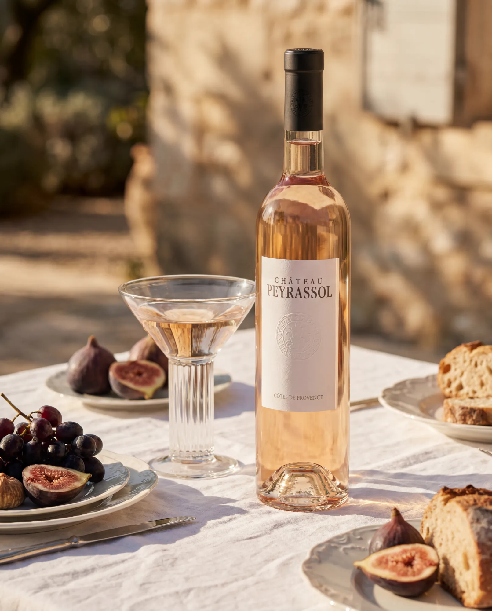 Bouteille de rosé Peyrassol sur une table avec des figues, du raisin et du pain, devant une maison en pierre